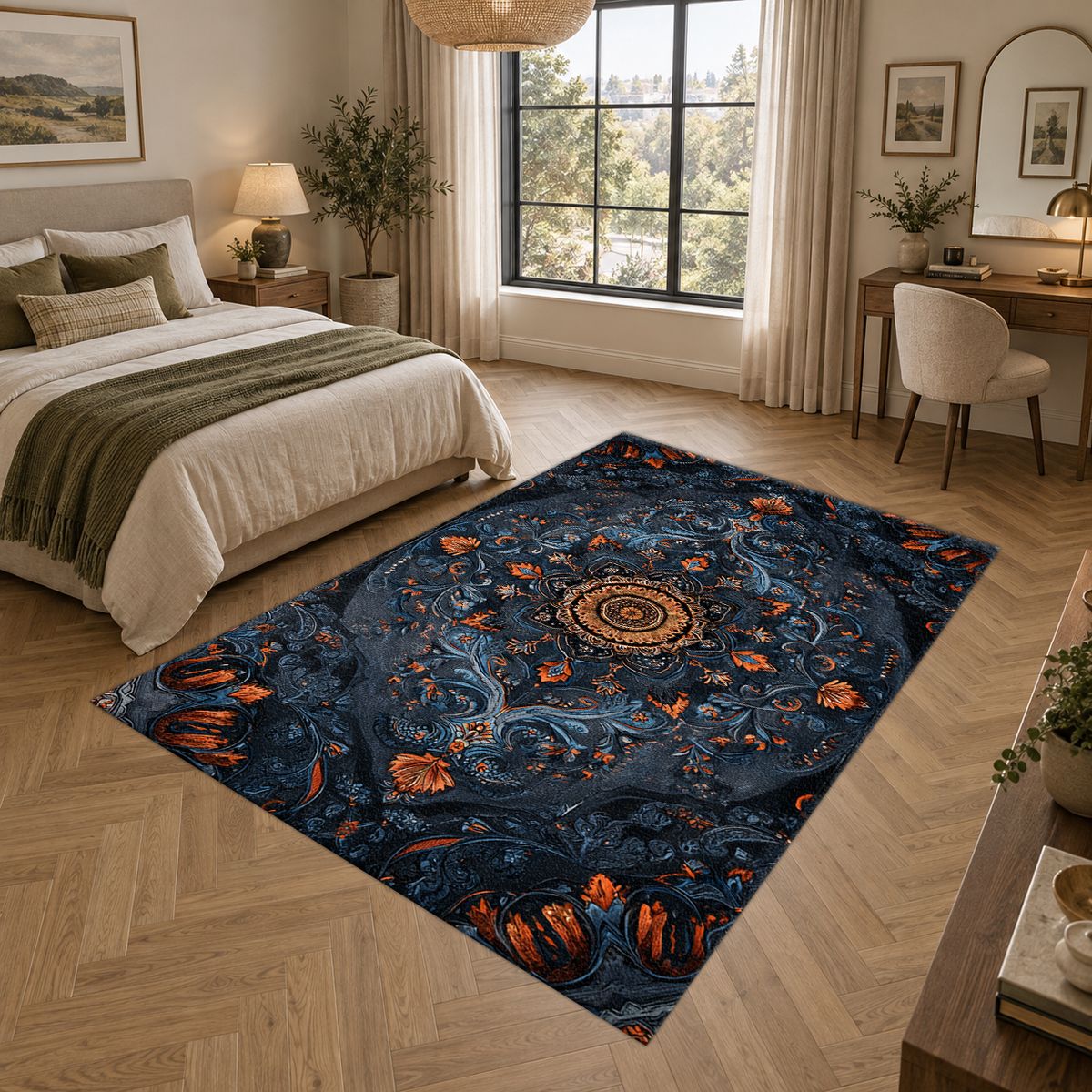 Midnight Blue Damask Medallion printed area rug