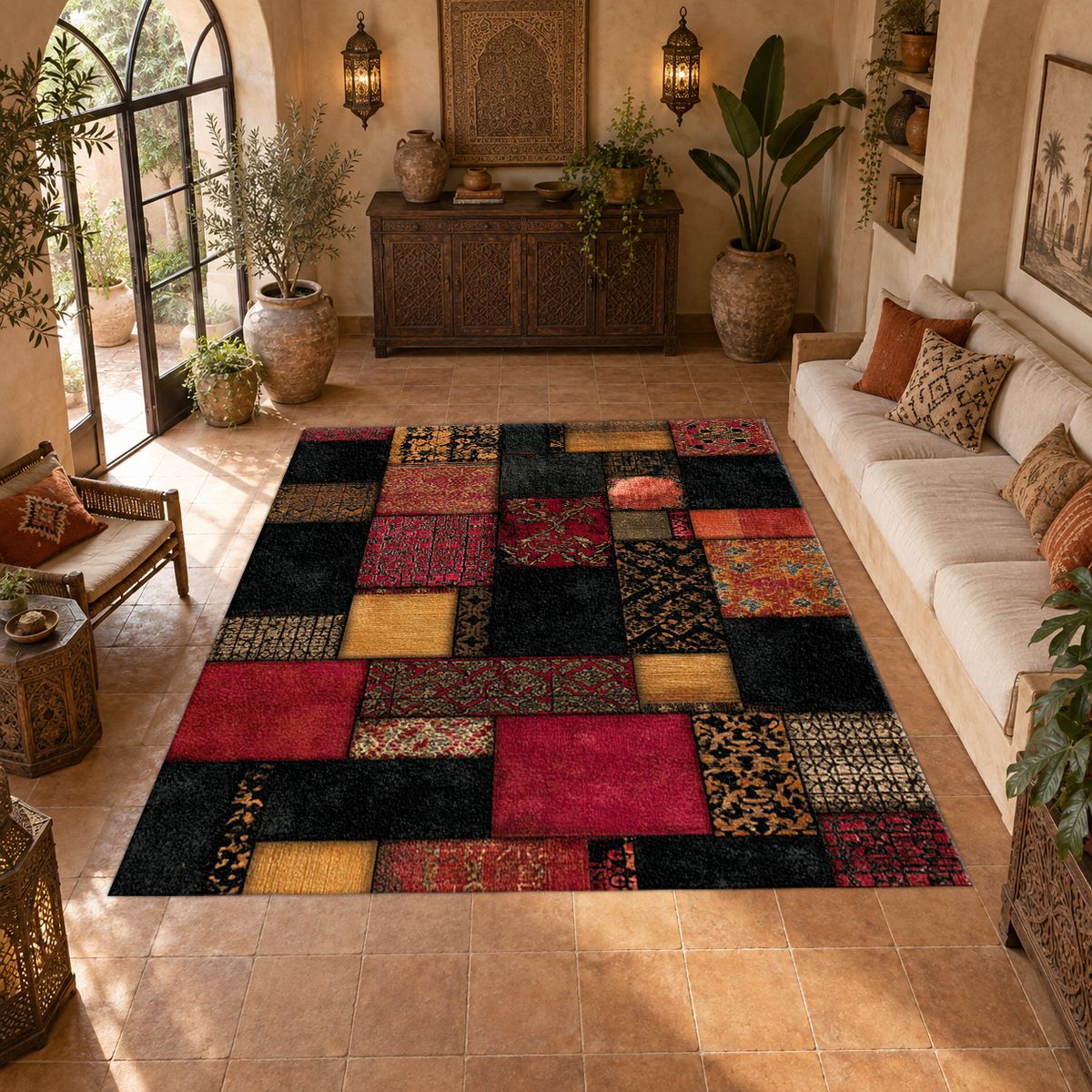 Black and Red Color Block Patchwork printed area rug