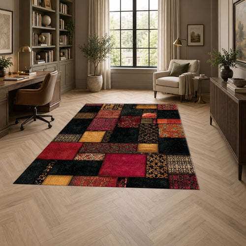 Black and Red Color Block Patchwork printed area rug