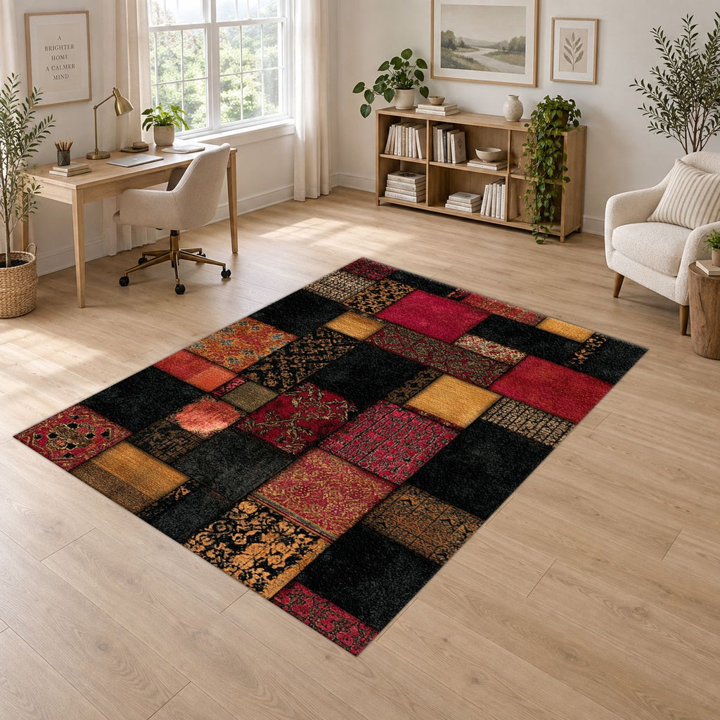 Black and Red Color Block Patchwork printed area rug