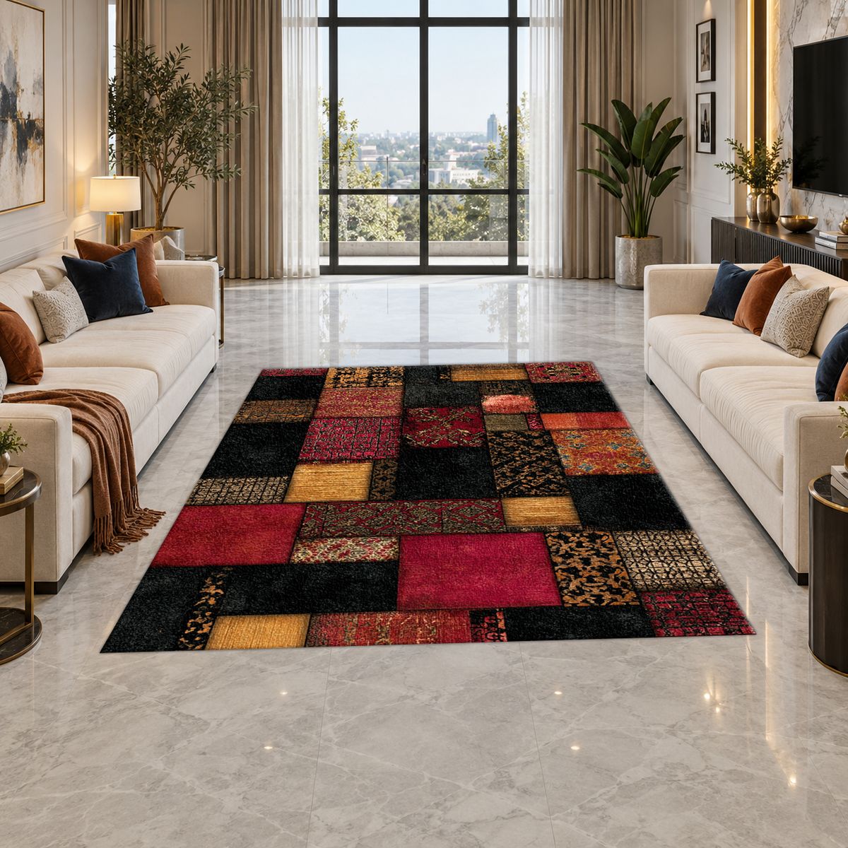 Black and Red Color Block Patchwork printed area rug