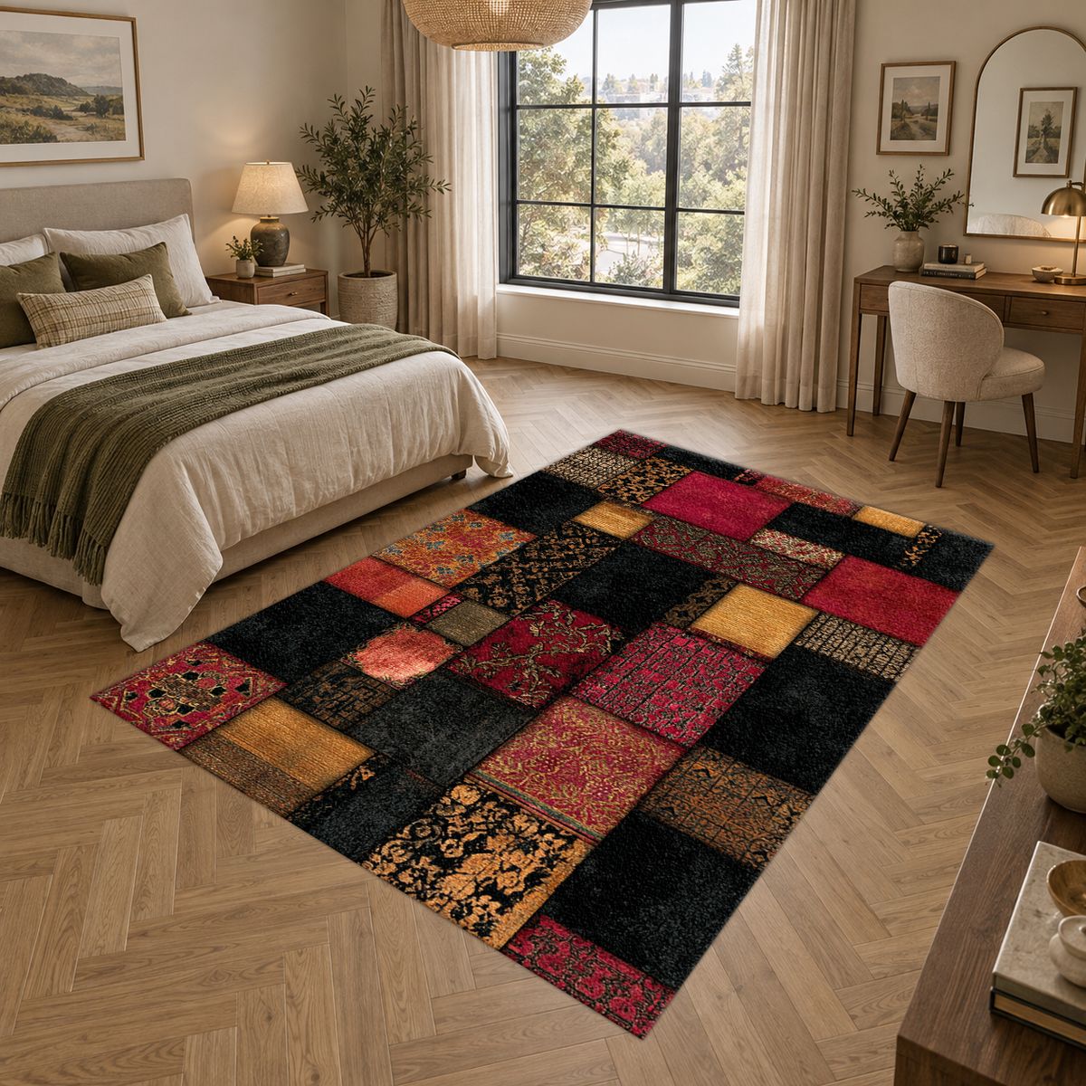 Black and Red Color Block Patchwork printed area rug