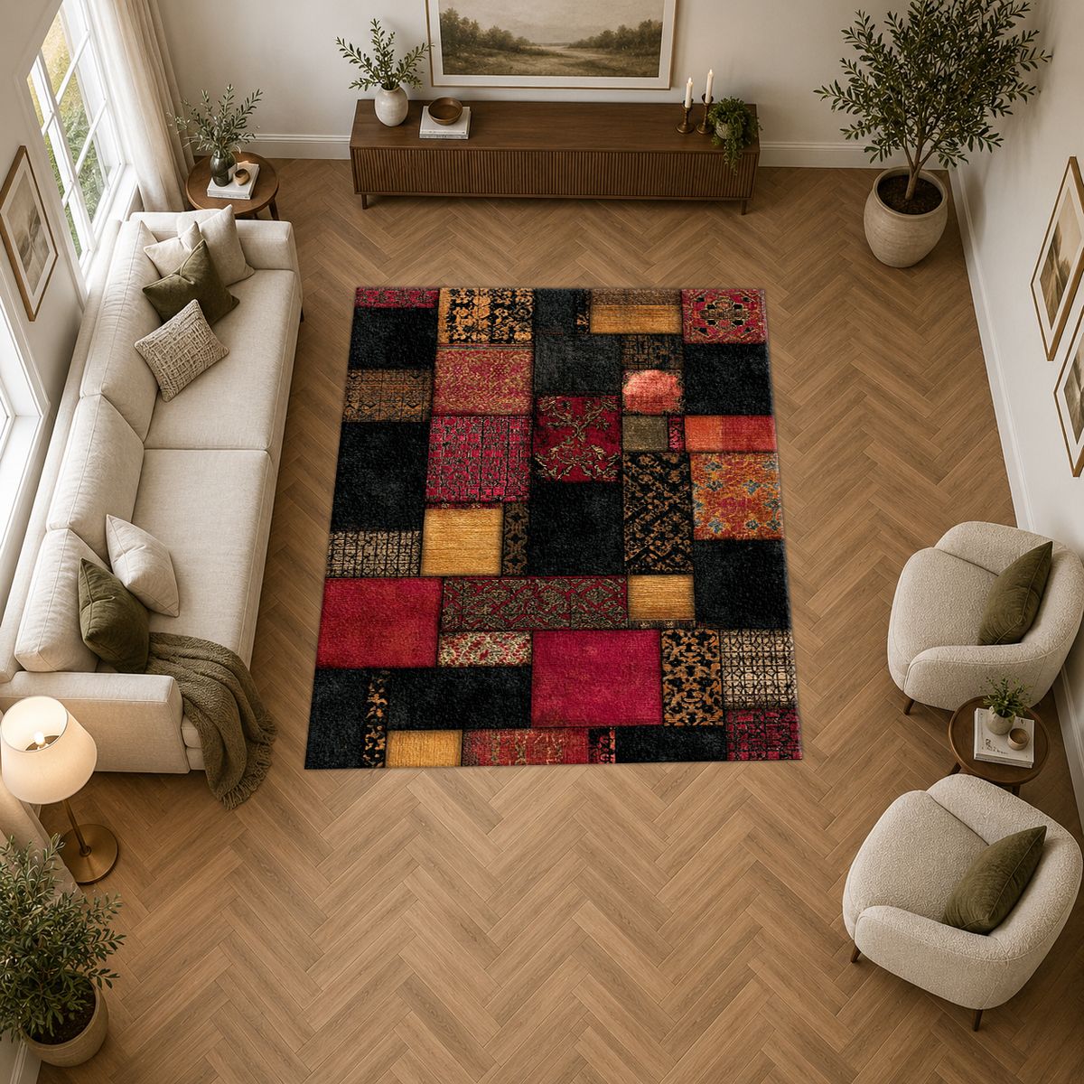 Black and Red Color Block Patchwork printed area rug
