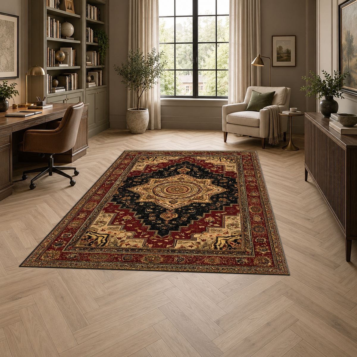Black and Gold Classic Heriz Medallion printed area rug