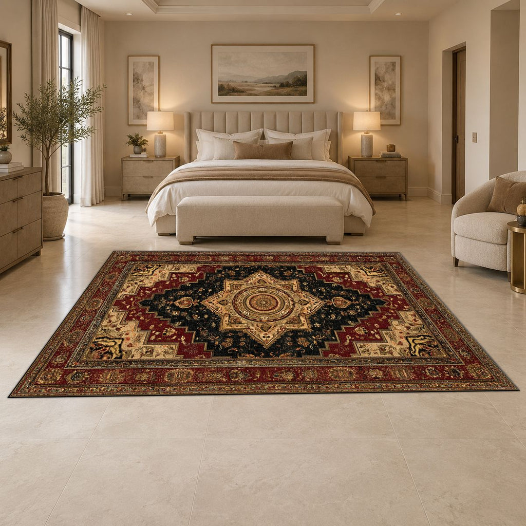 Black and Gold Classic Heriz Medallion printed area rug