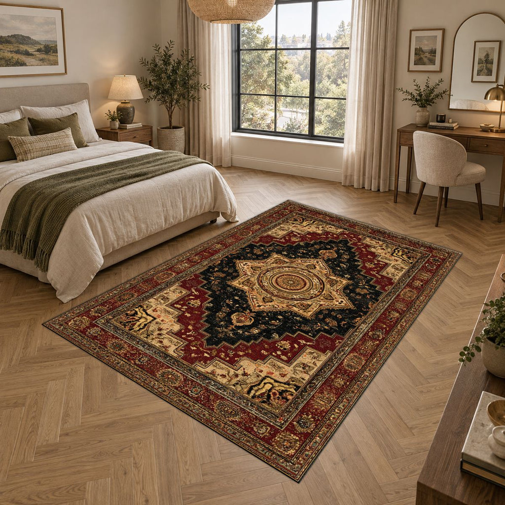Black and Gold Classic Heriz Medallion printed area rug