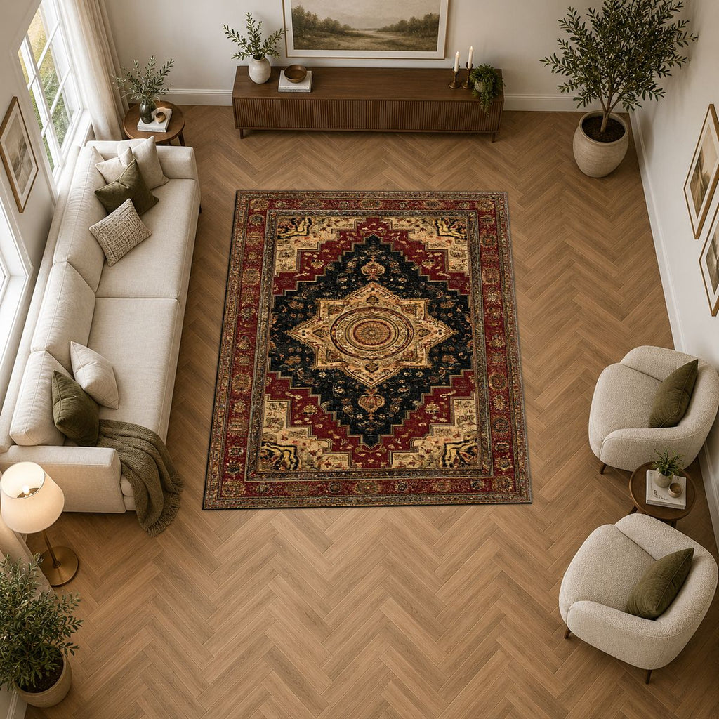 Black and Gold Classic Heriz Medallion printed area rug
