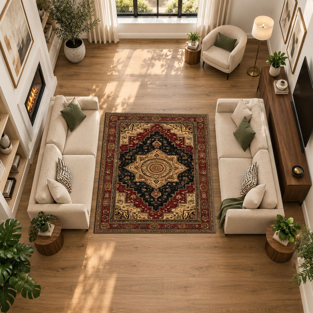 Black and Gold Classic Heriz Medallion printed area rug