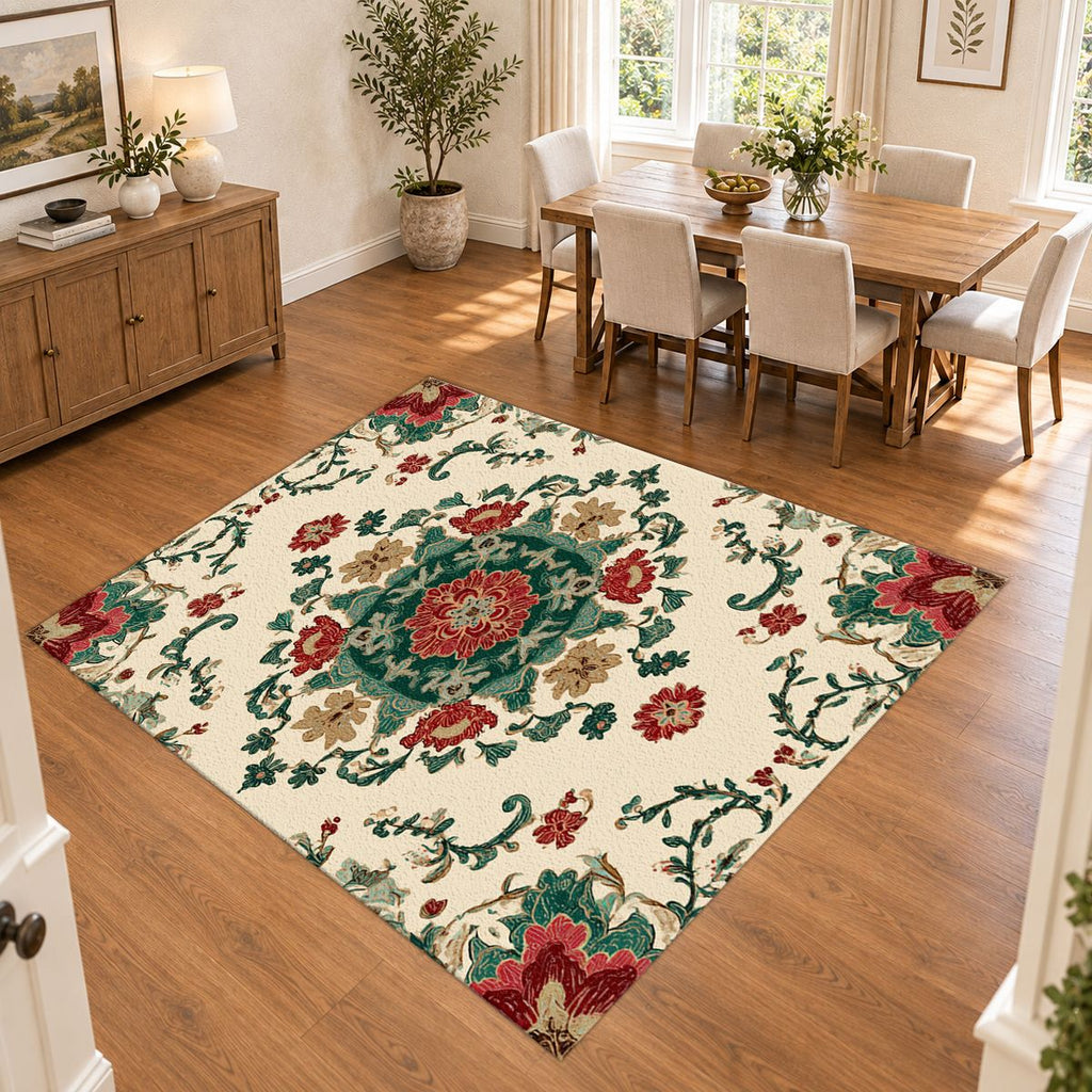 Cream Folk Floral Medallion printed area rug