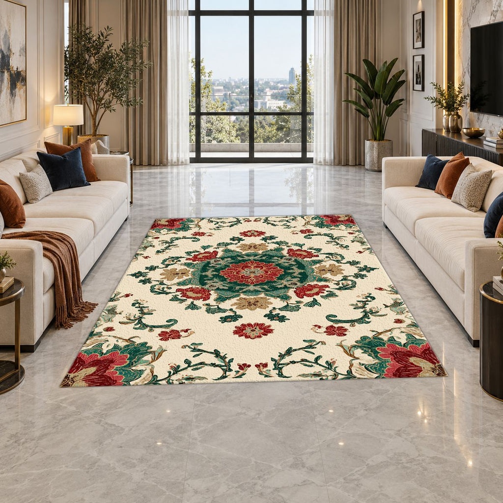 Cream Folk Floral Medallion printed area rug