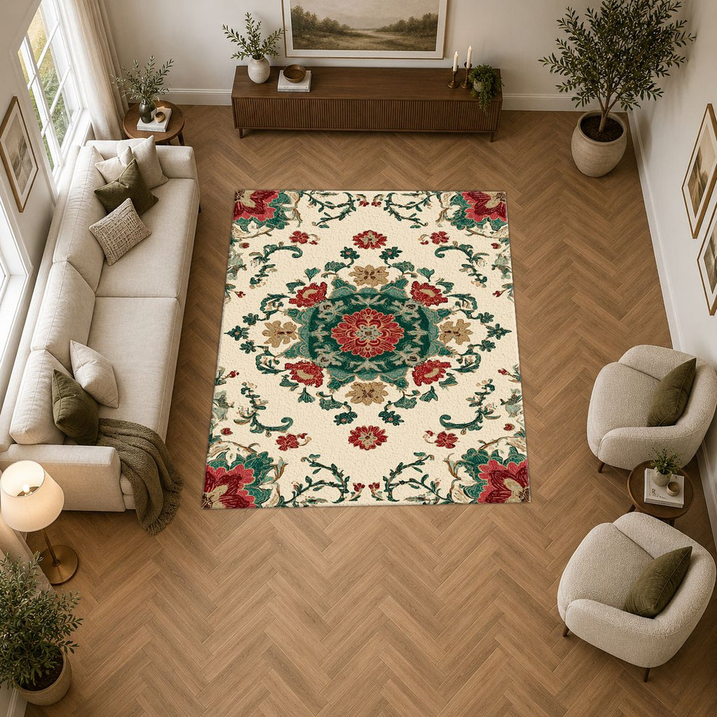 Cream Folk Floral Medallion printed area rug