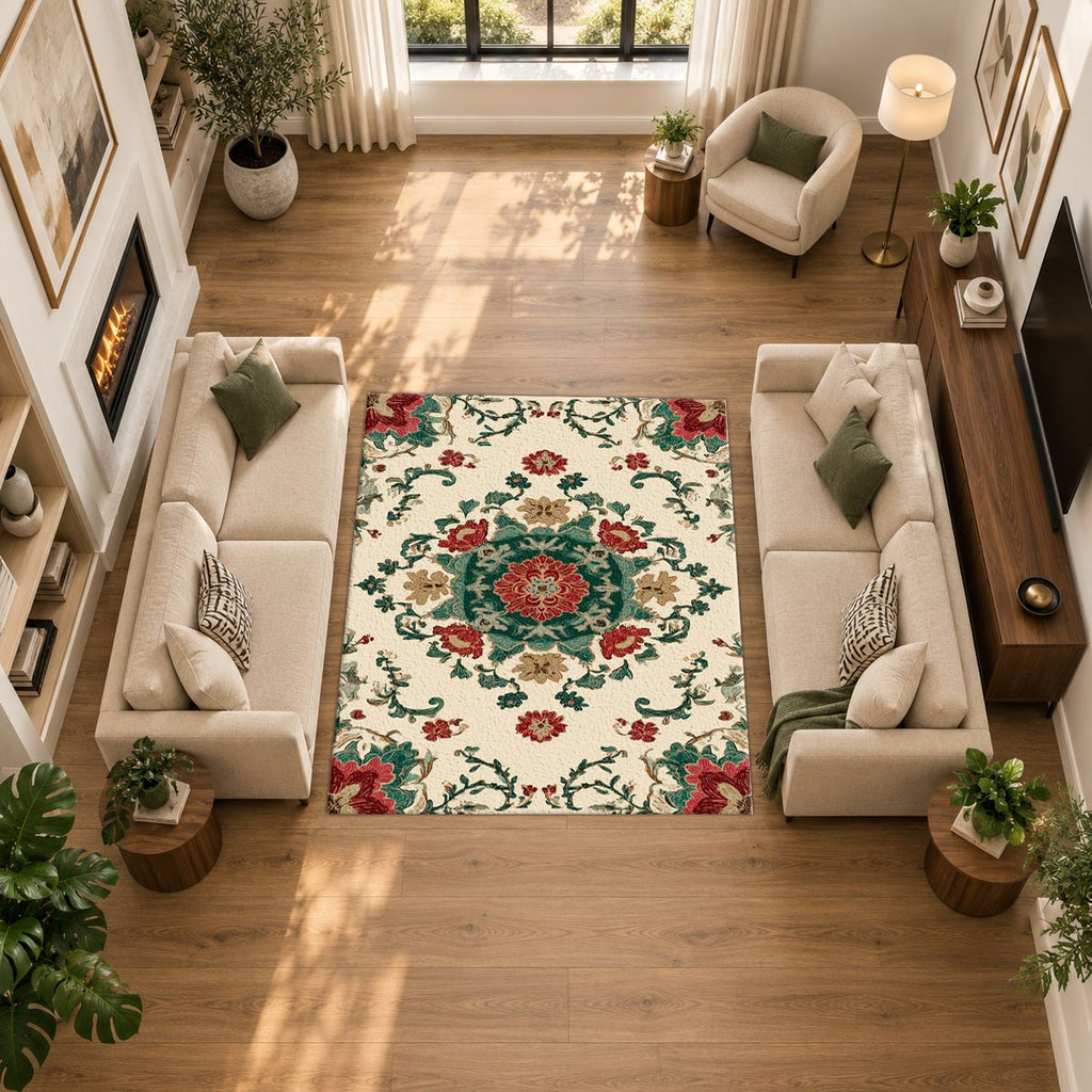 Cream Folk Floral Medallion printed area rug