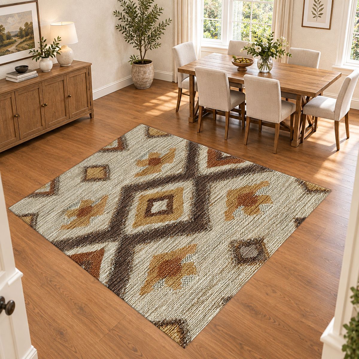 Beige and Brown Aztec Diamond printed area rug