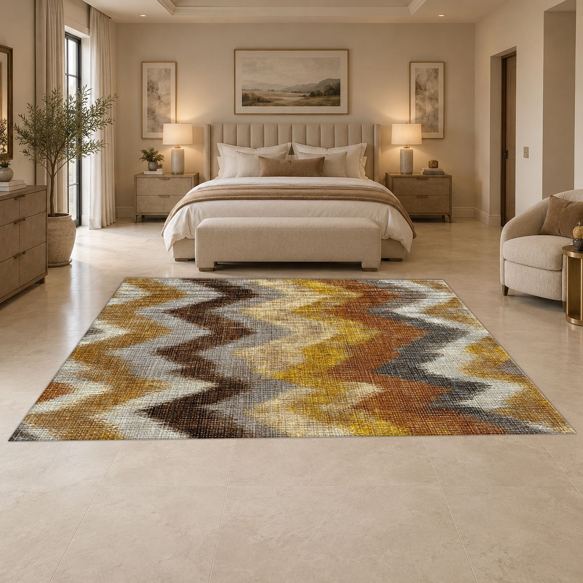 Mustard and Brown Chevron Ikat printed area rug