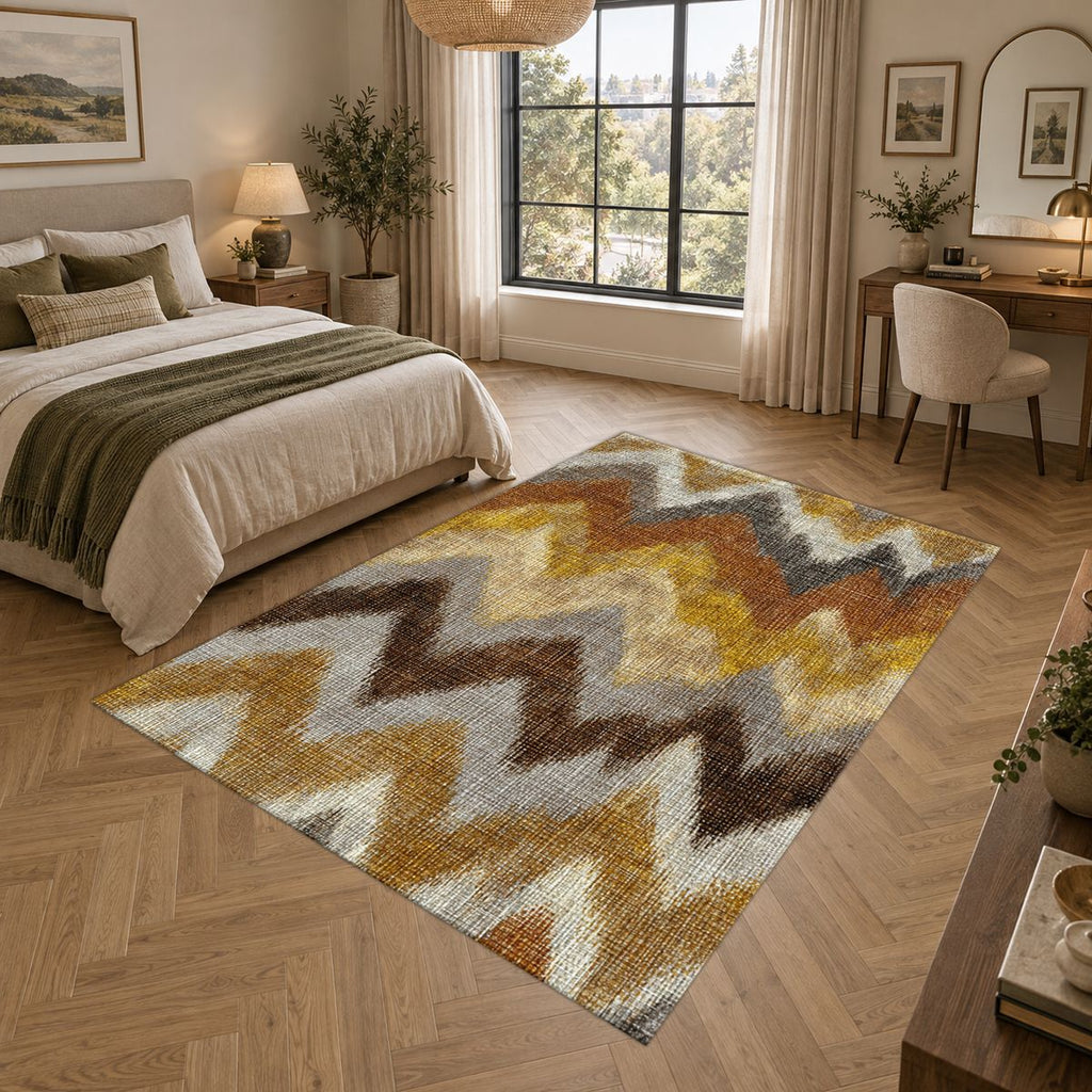Mustard and Brown Chevron Ikat printed area rug