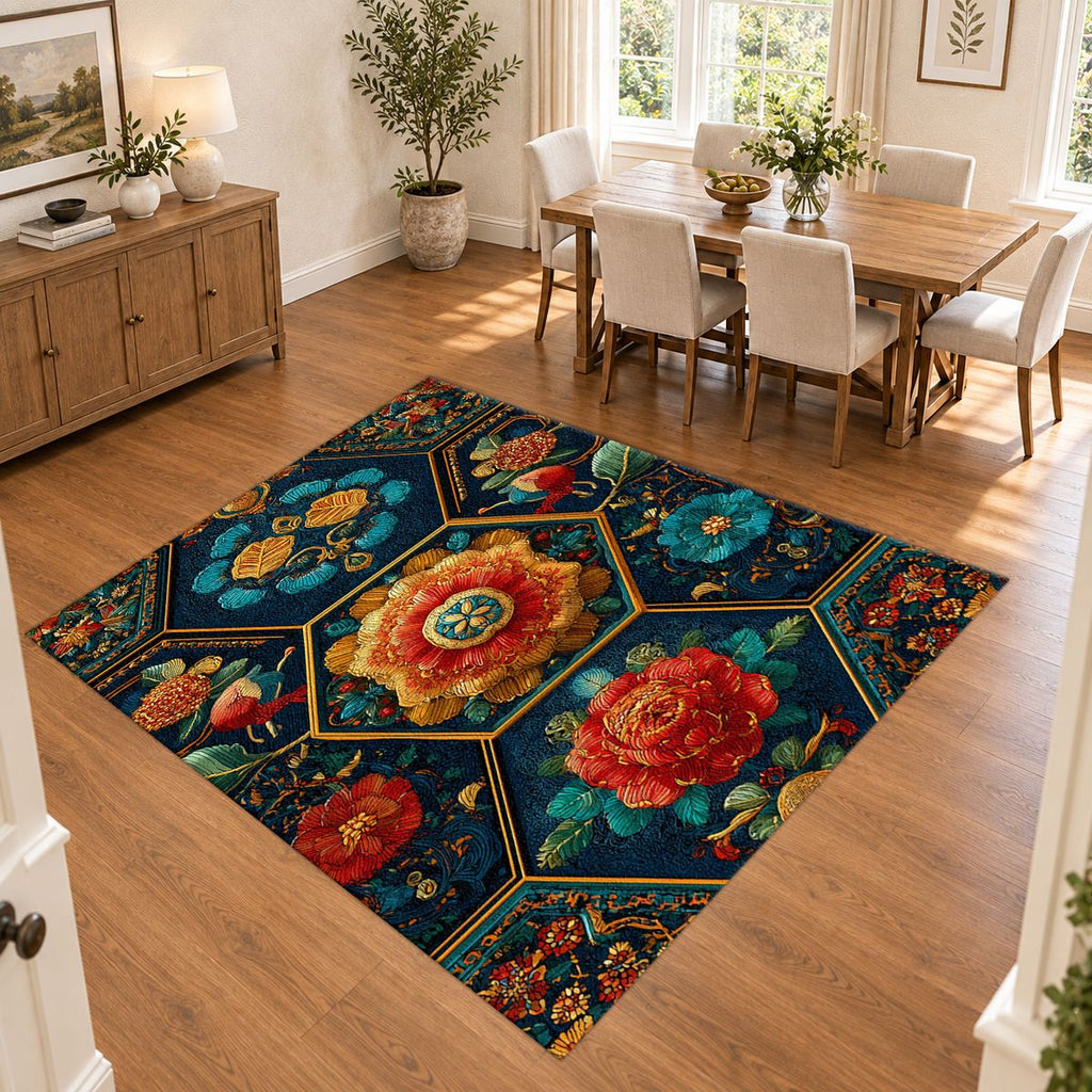 Teal and Orange Hexagon Floral printed area rug
