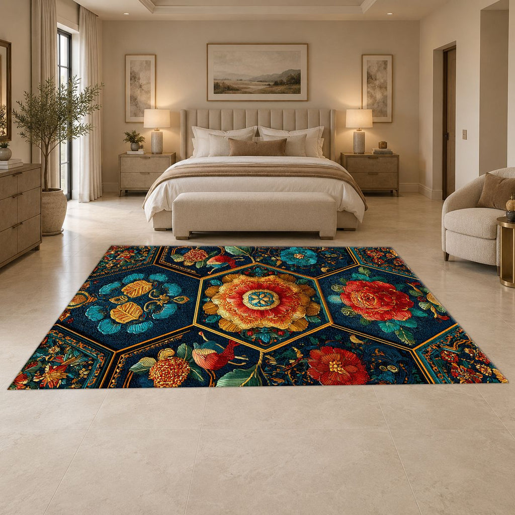 Teal and Orange Hexagon Floral printed area rug