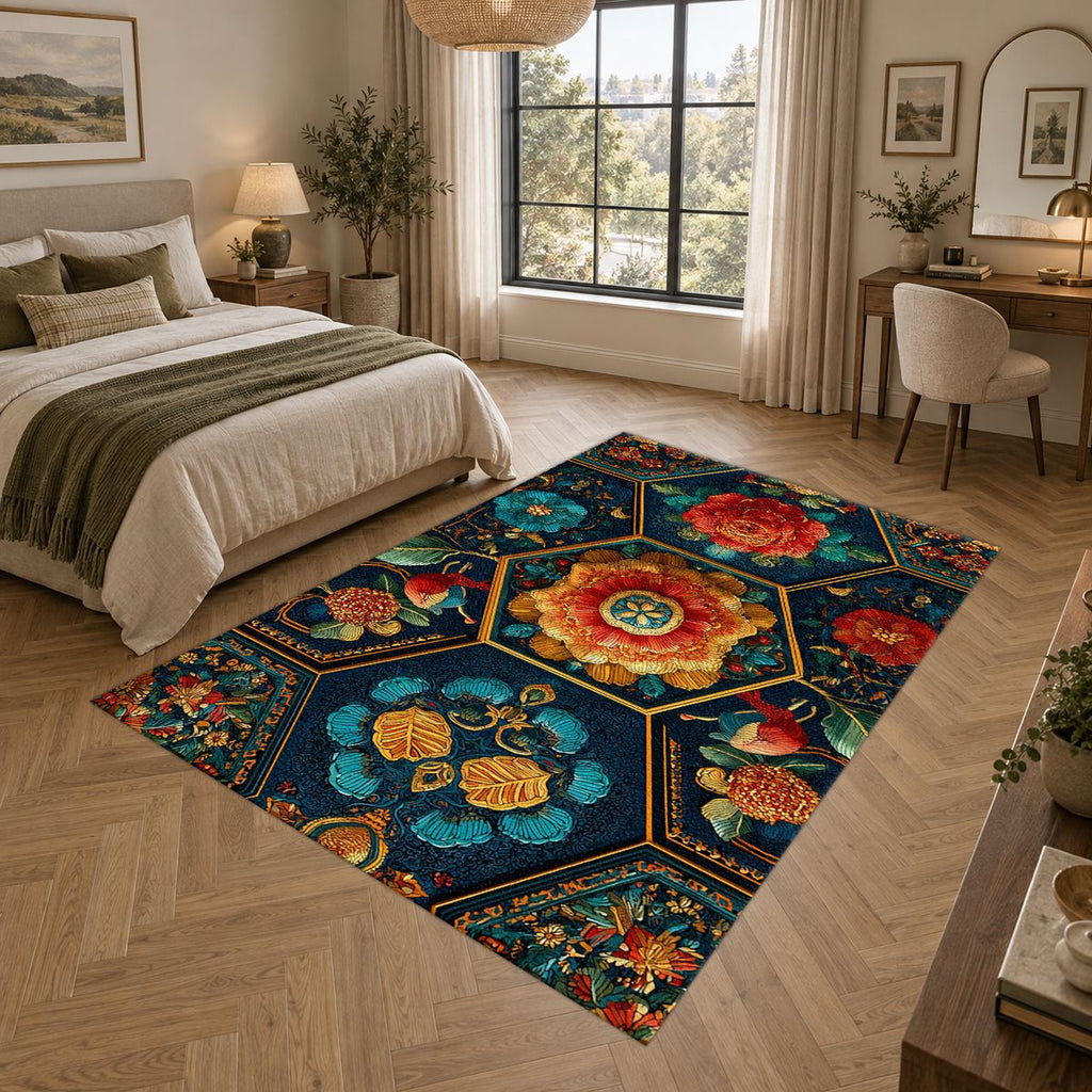 Teal and Orange Hexagon Floral printed area rug