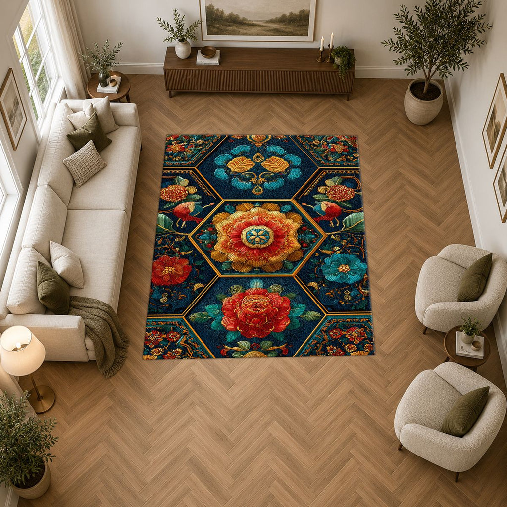 Teal and Orange Hexagon Floral printed area rug