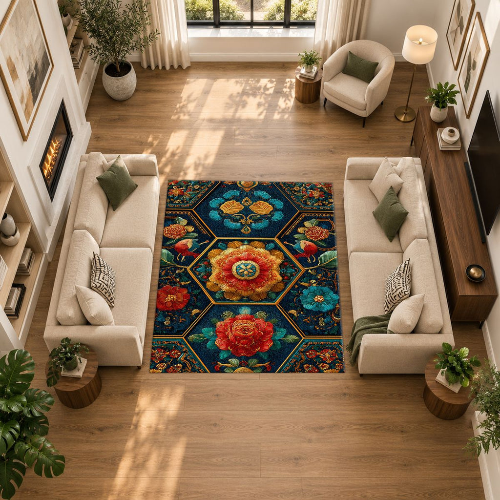 Teal and Orange Hexagon Floral printed area rug
