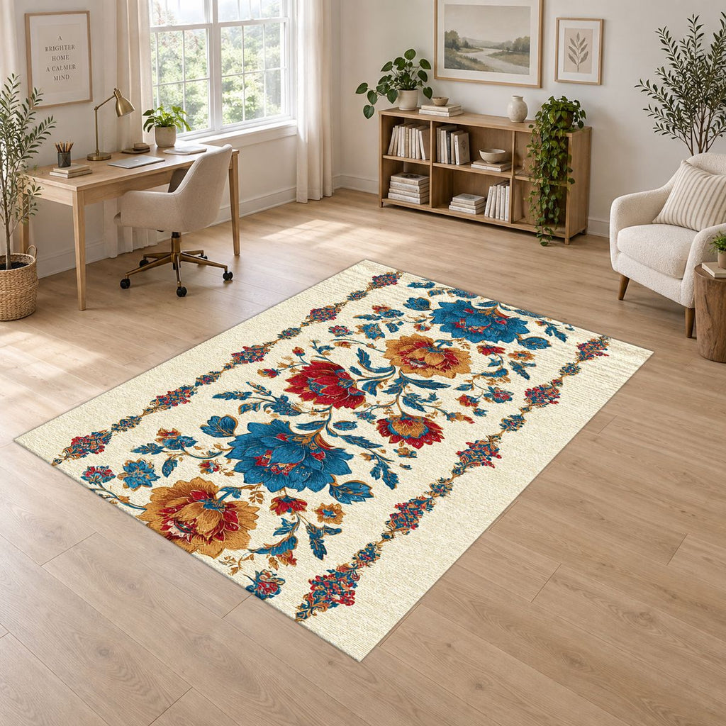 Cream Folk Floral Vine printed area rug