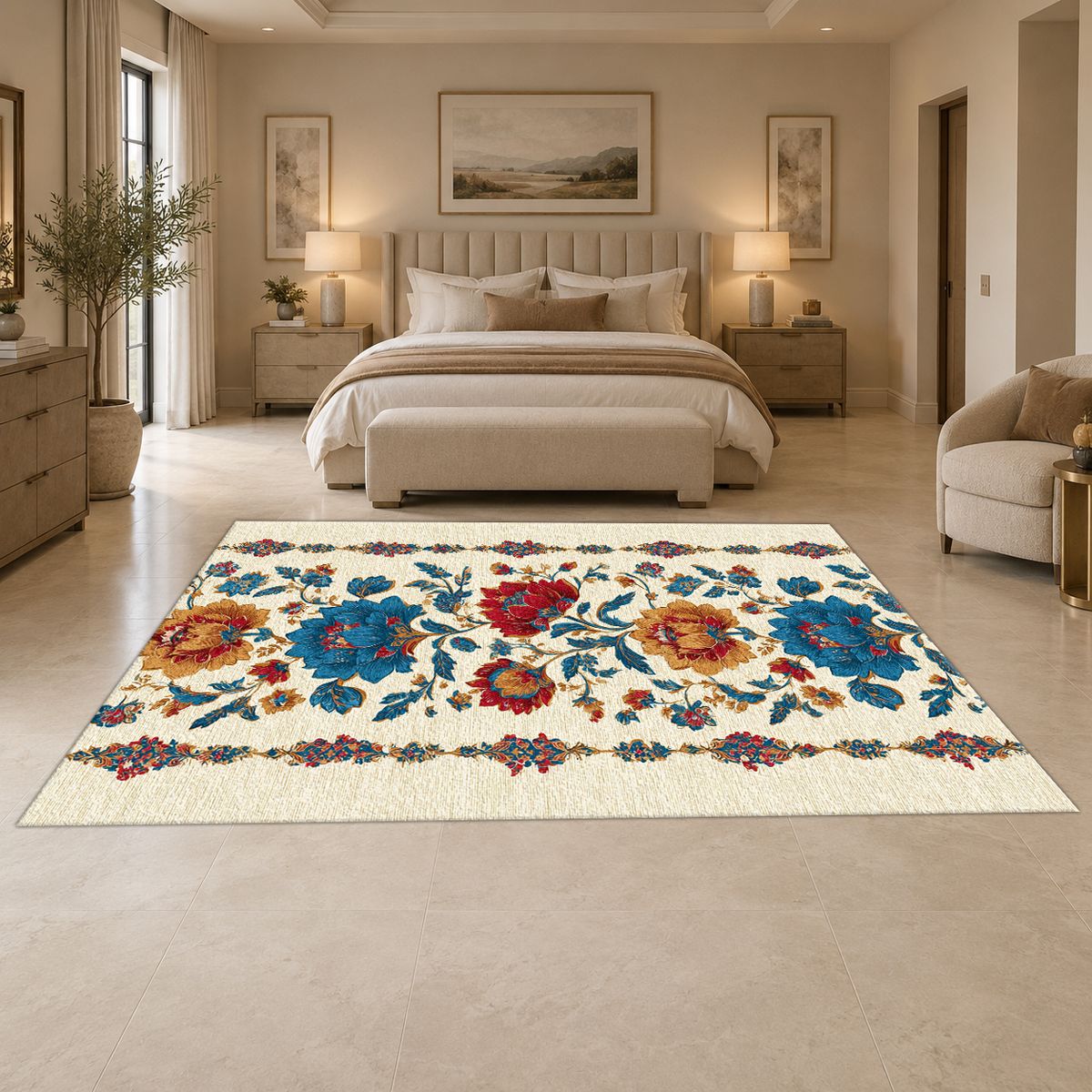 Cream Folk Floral Vine printed area rug