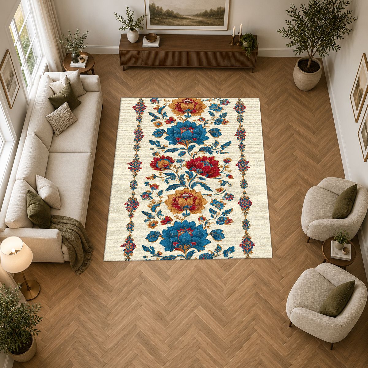 Cream Folk Floral Vine printed area rug