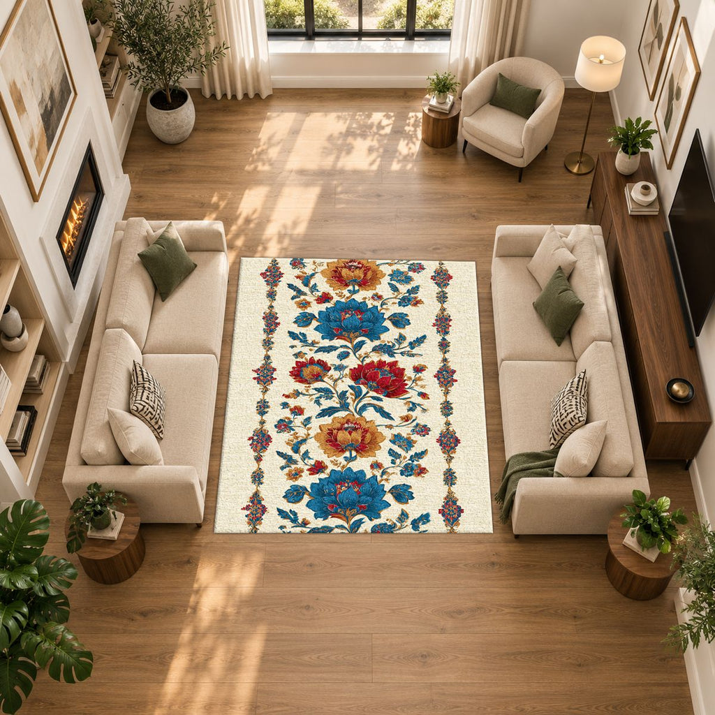 Cream Folk Floral Vine printed area rug