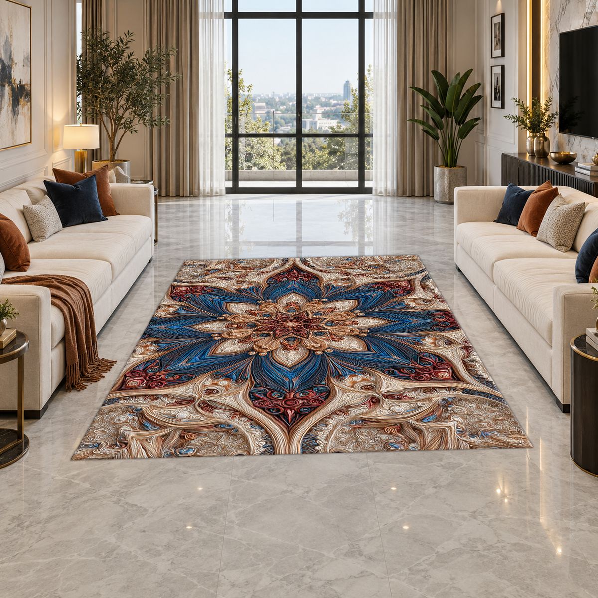 Blue and Blush Star Medallion printed area rug