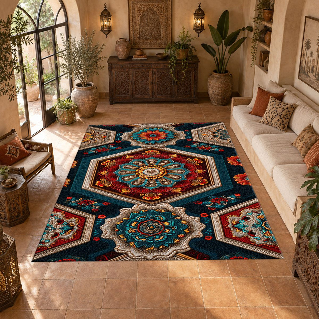 Navy Hexagon Mandala Mosaic printed area rug