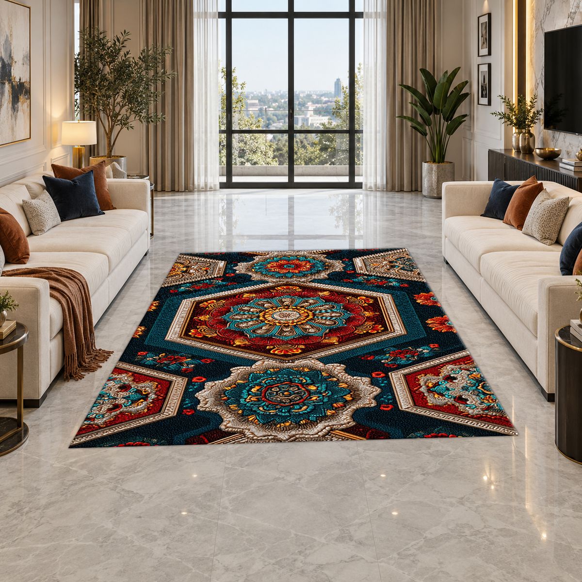 Navy Hexagon Mandala Mosaic printed area rug