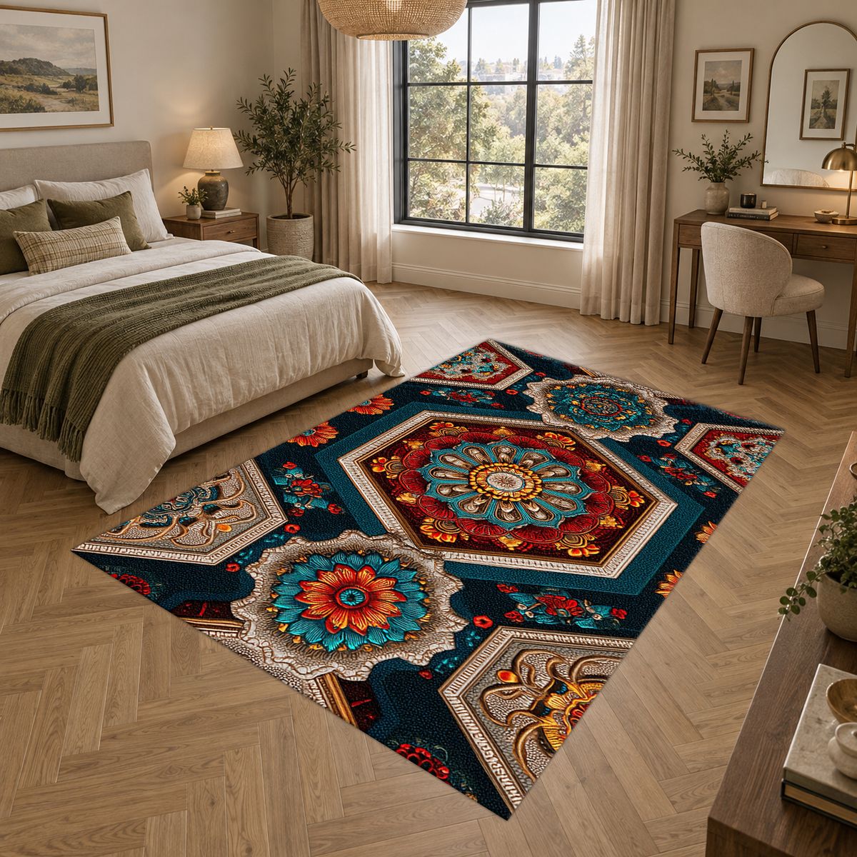 Navy Hexagon Mandala Mosaic printed area rug
