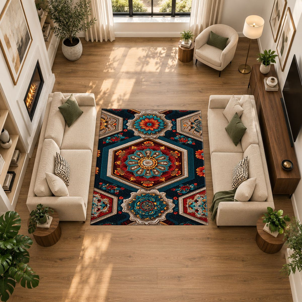 Navy Hexagon Mandala Mosaic printed area rug