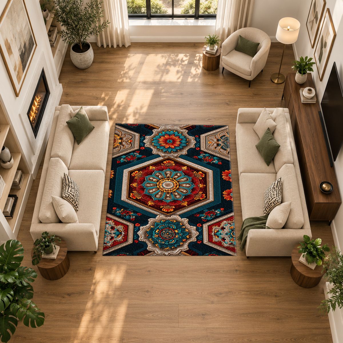 Navy Hexagon Mandala Mosaic printed area rug