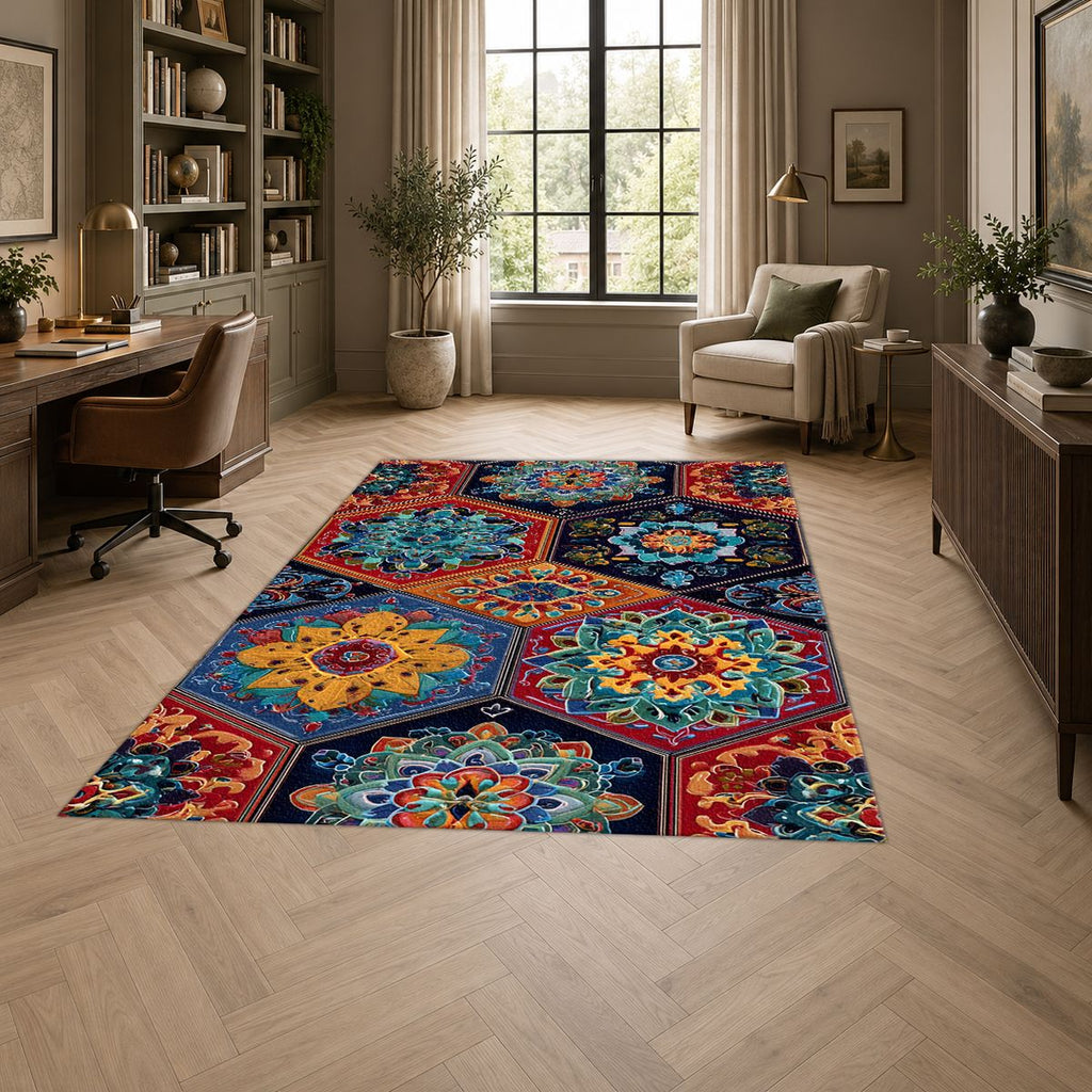 Vibrant Hexagon Mandala Mosaic printed area rug