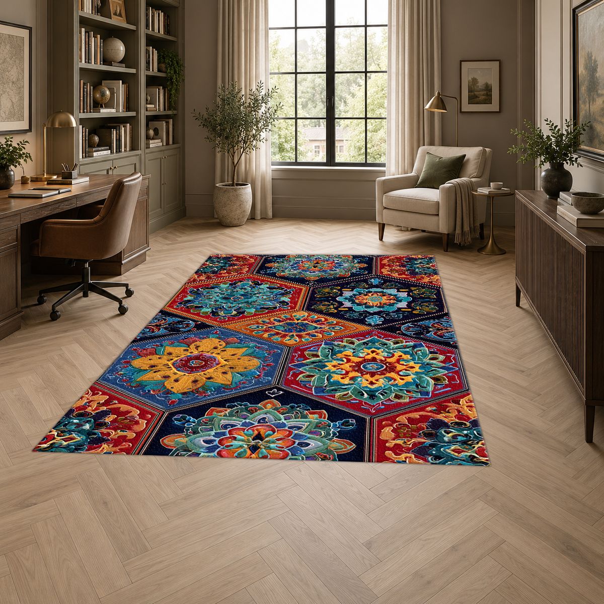 Vibrant Hexagon Mandala Mosaic printed area rug