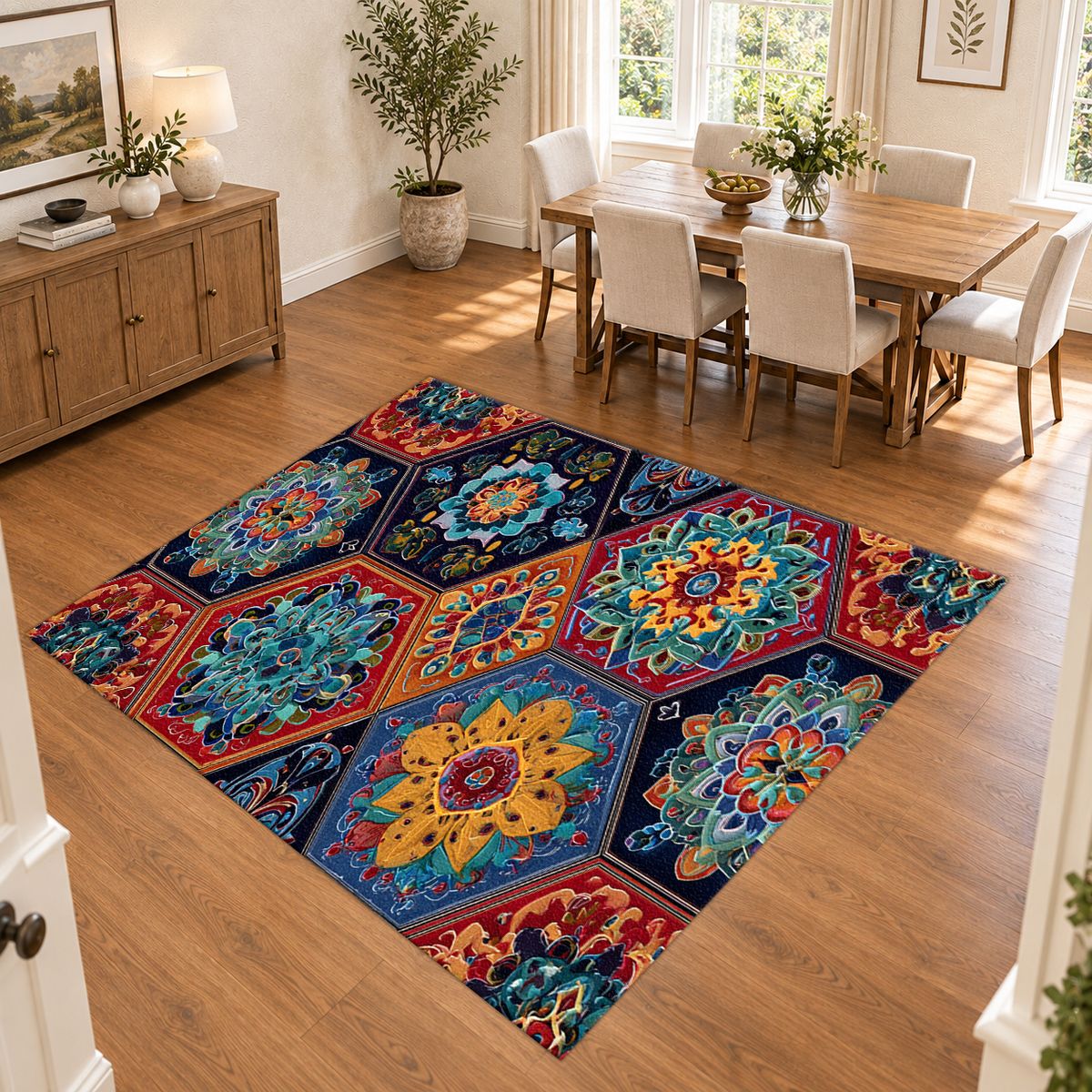 Vibrant Hexagon Mandala Mosaic printed area rug