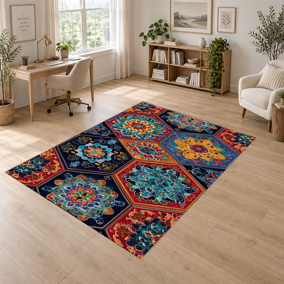 Vibrant Hexagon Mandala Mosaic printed area rug
