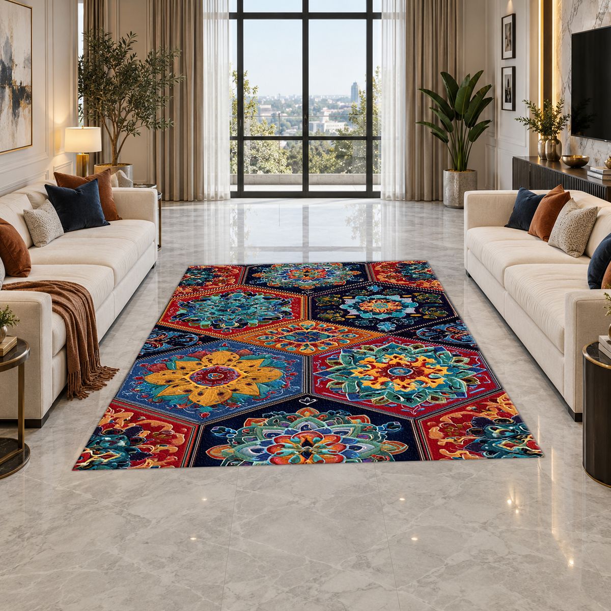 Vibrant Hexagon Mandala Mosaic printed area rug