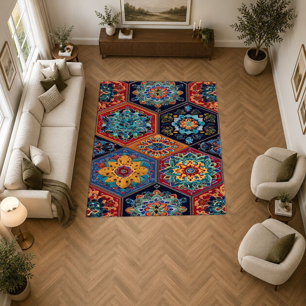 Vibrant Hexagon Mandala Mosaic printed area rug