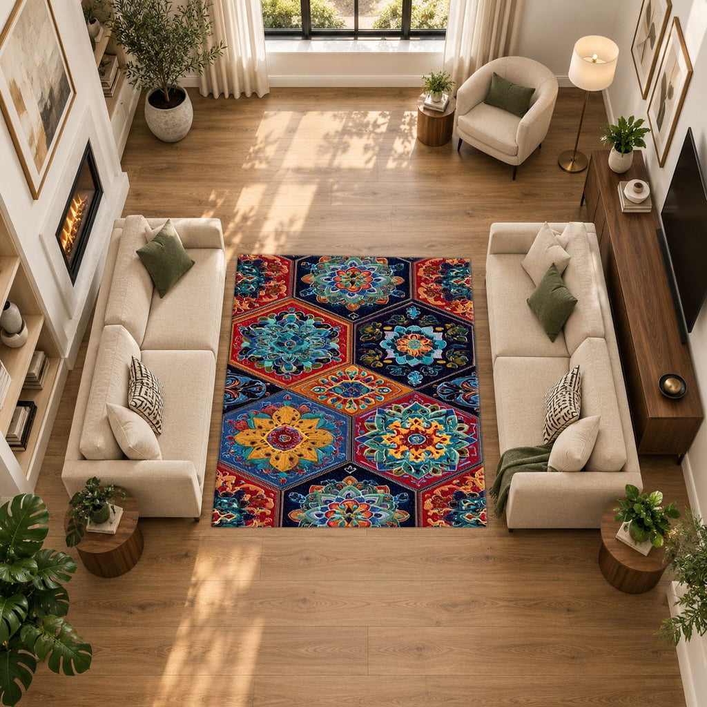 Vibrant Hexagon Mandala Mosaic printed area rug
