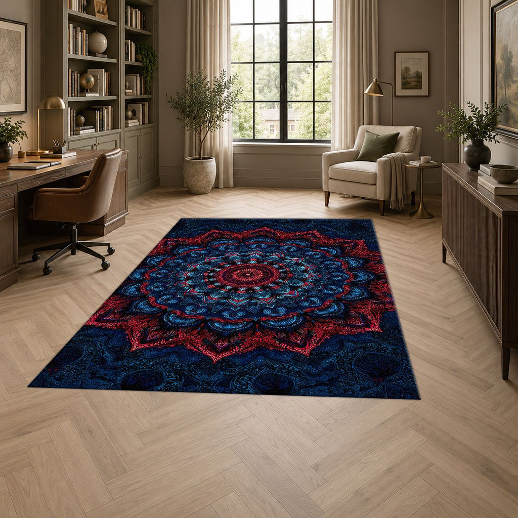 Navy and Red Ornate Mandala printed area rug