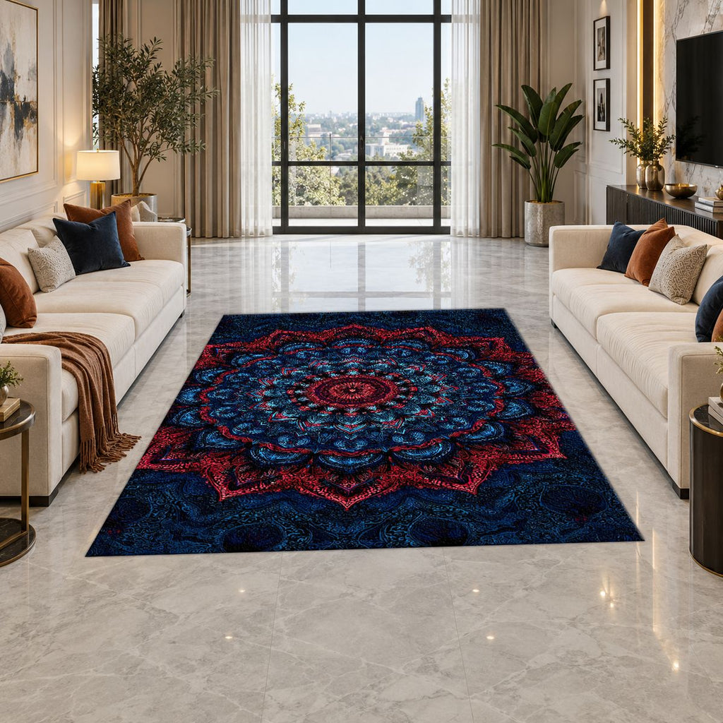 Navy and Red Ornate Mandala printed area rug