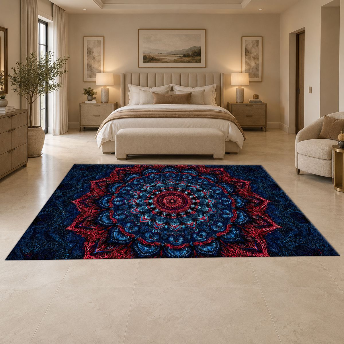 Navy and Red Ornate Mandala printed area rug