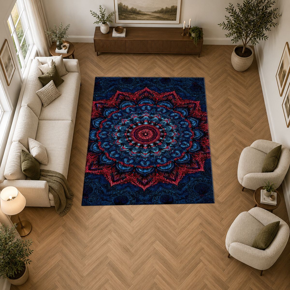 Navy and Red Ornate Mandala printed area rug