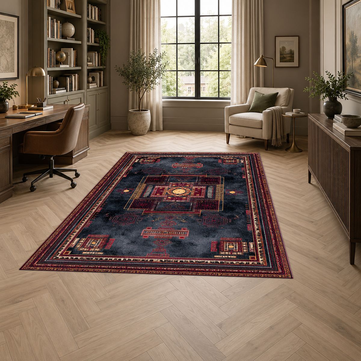 Charcoal and Burgundy Tribal Medallion printed area rug