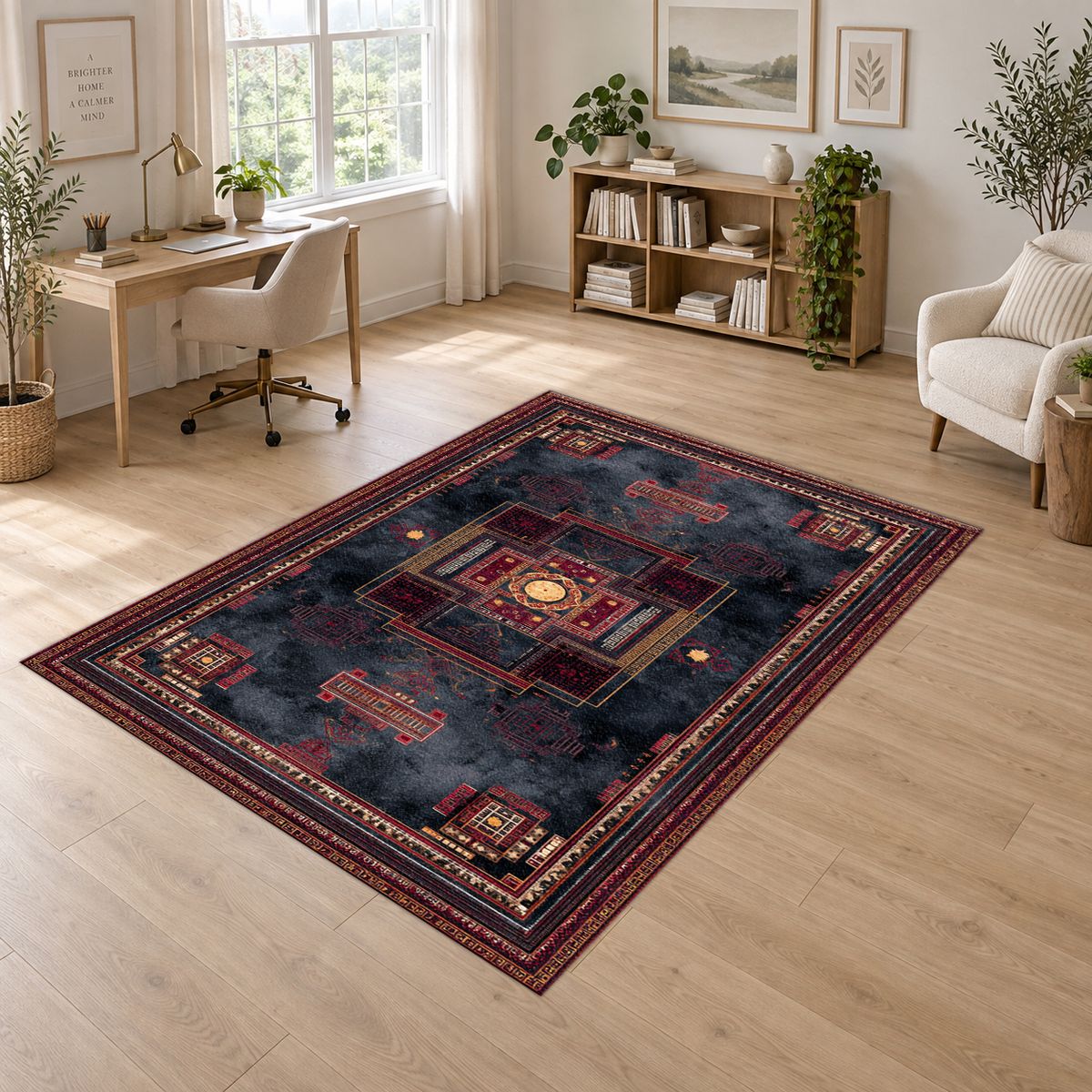 Charcoal and Burgundy Tribal Medallion printed area rug