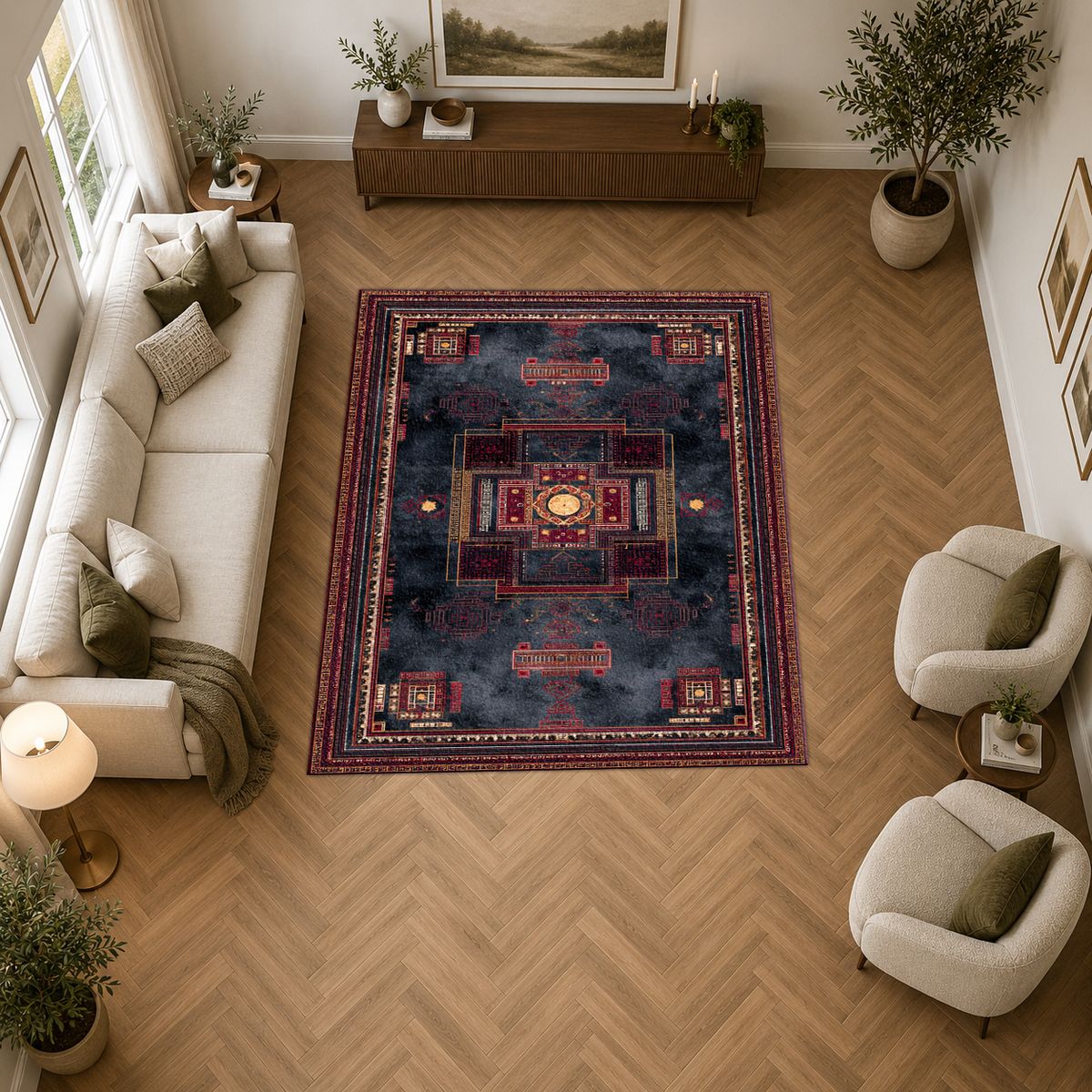 Charcoal and Burgundy Tribal Medallion printed area rug