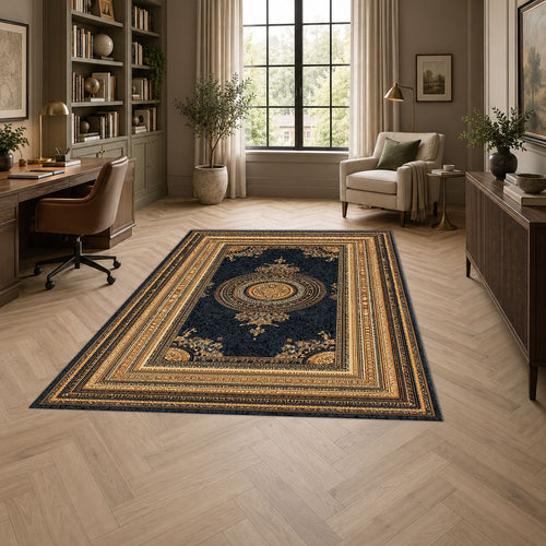 Black and Gold Framed Medallion printed area rug