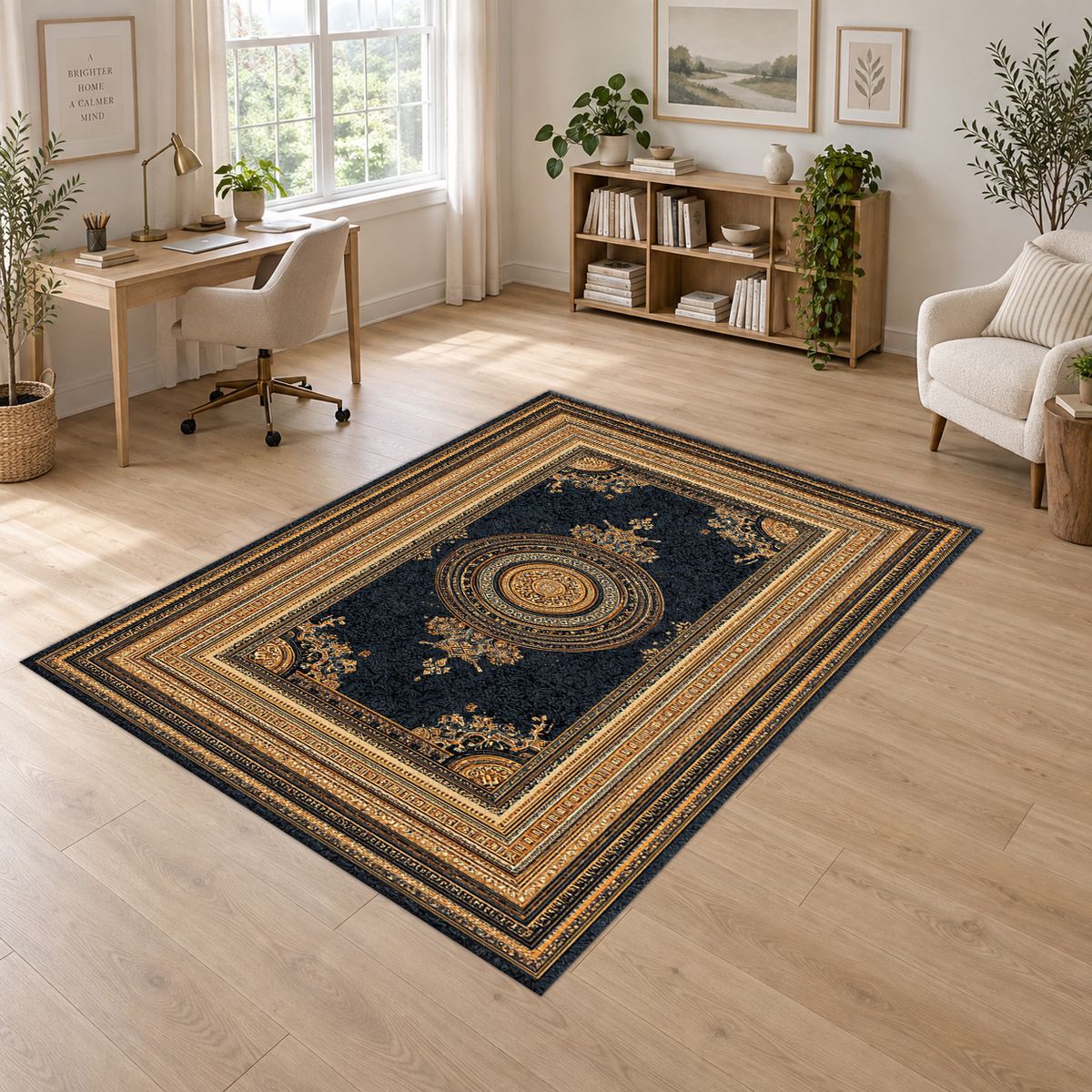 Black and Gold Framed Medallion printed area rug